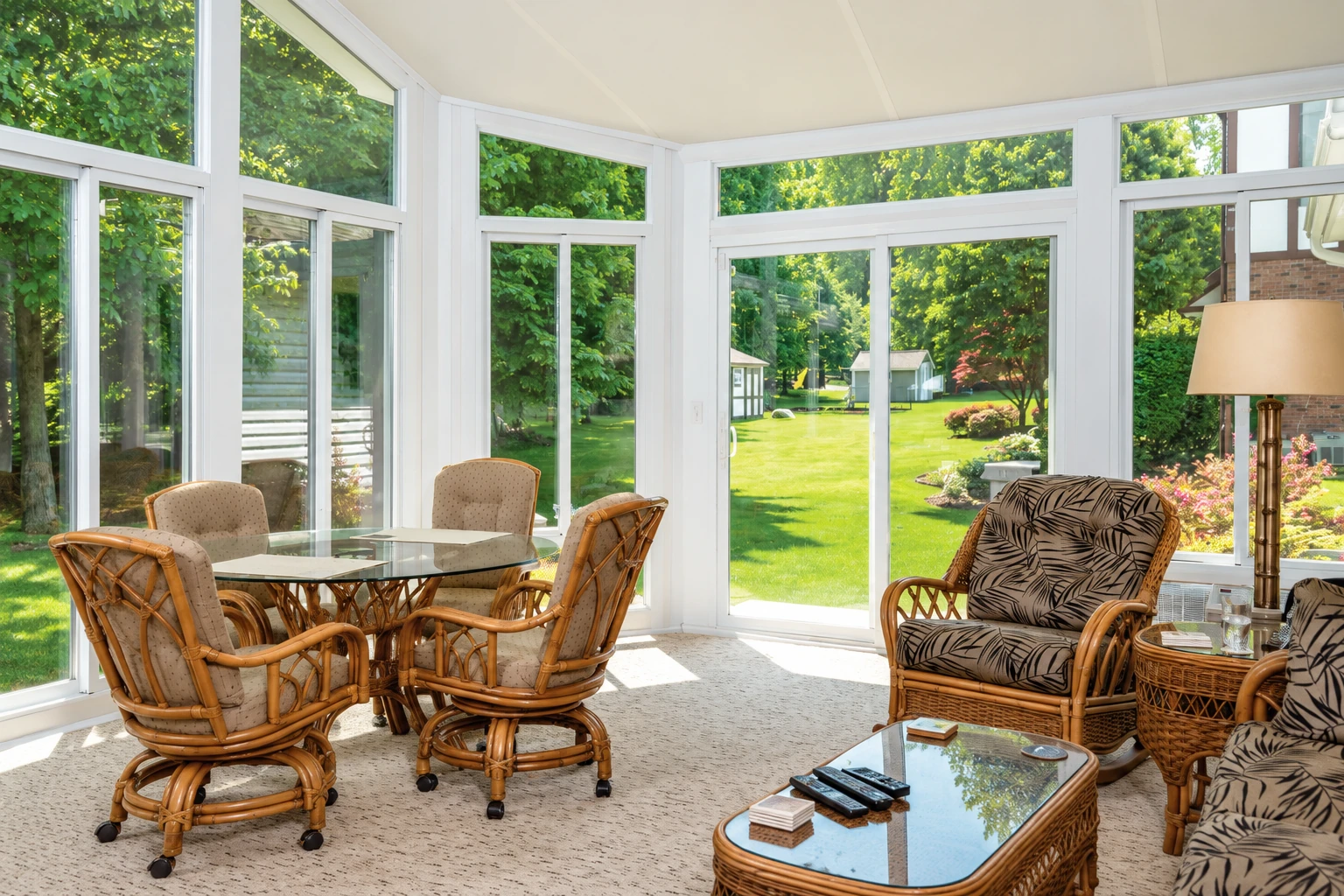 Bright four-season sunroom with wicker dining and lounge furniture, floor-to-ceiling windows, and a garden view.