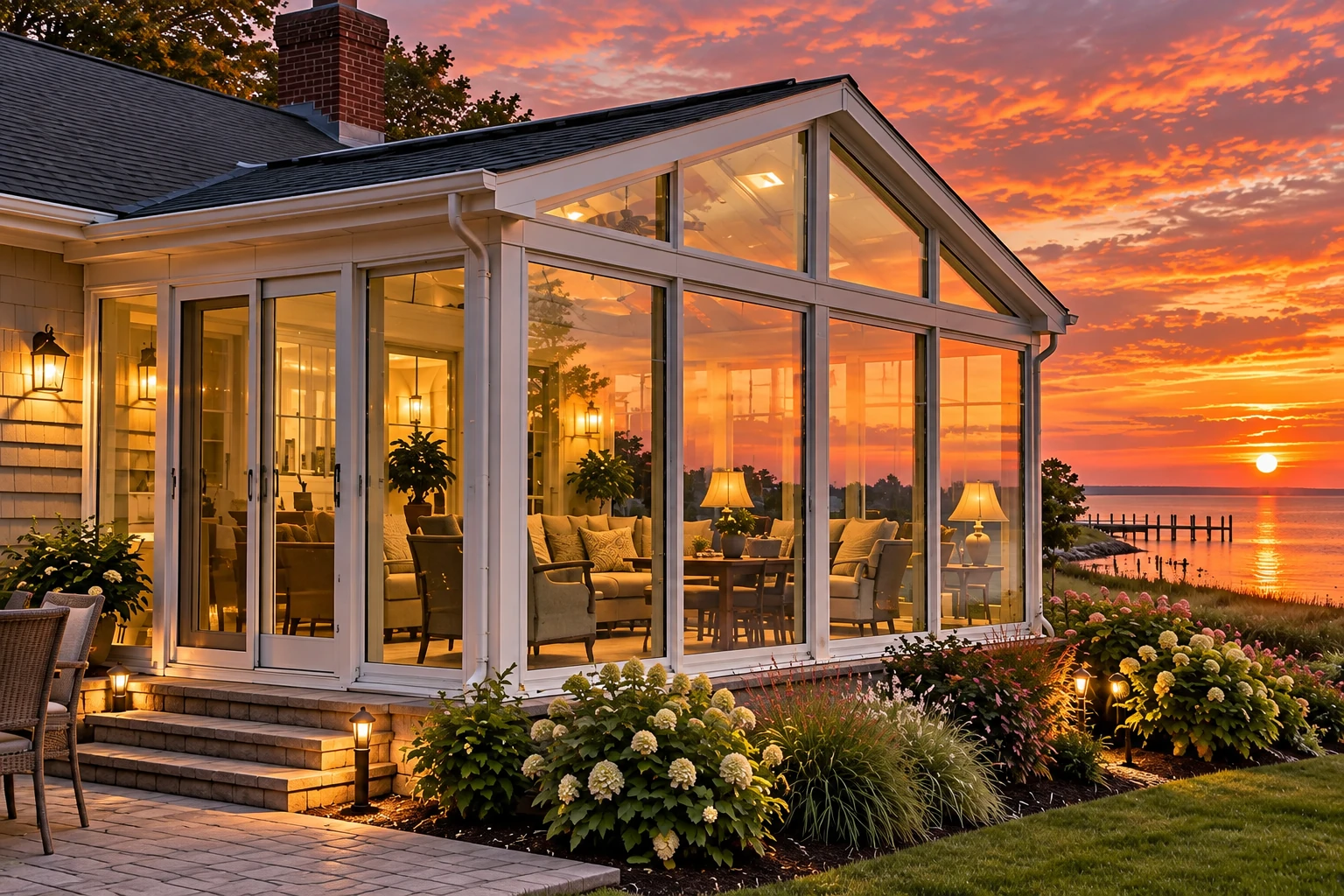Glass-enclosed all-season room with a peaked roof, warmly lit interior, and sunset views over the water.