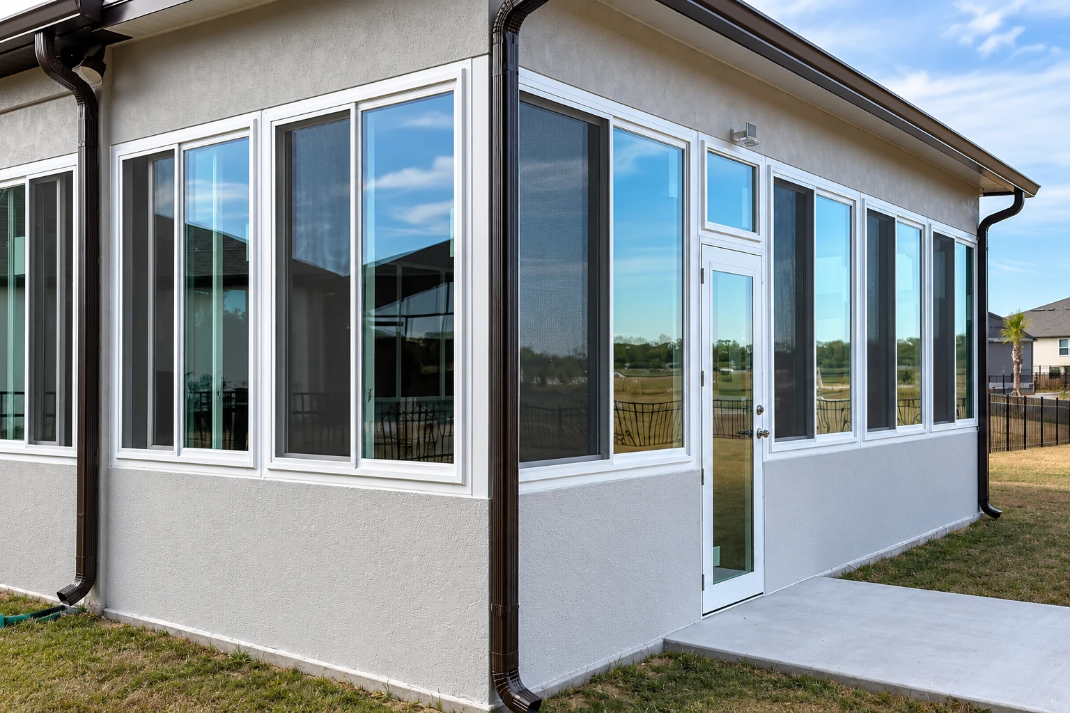 Custom sunroom with white-framed windows and a glass door wrapping around the exterior of a gray house.