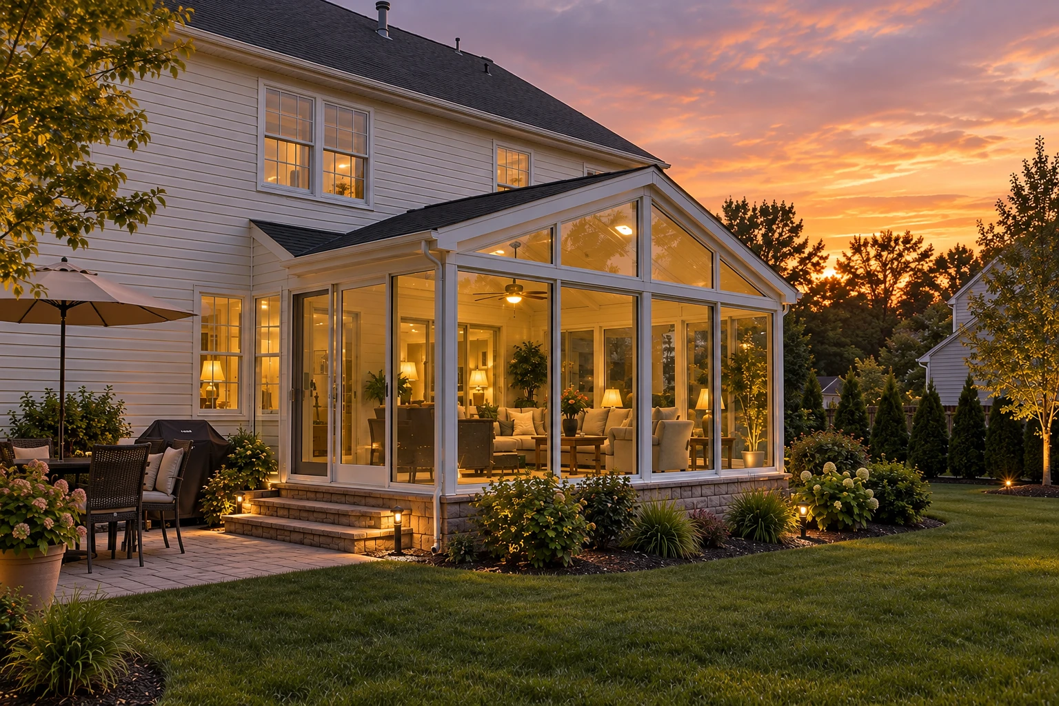 A glass sunroom with a peaked roof glows at sunset beside a white house, patio seating, garden beds, and a lawn.