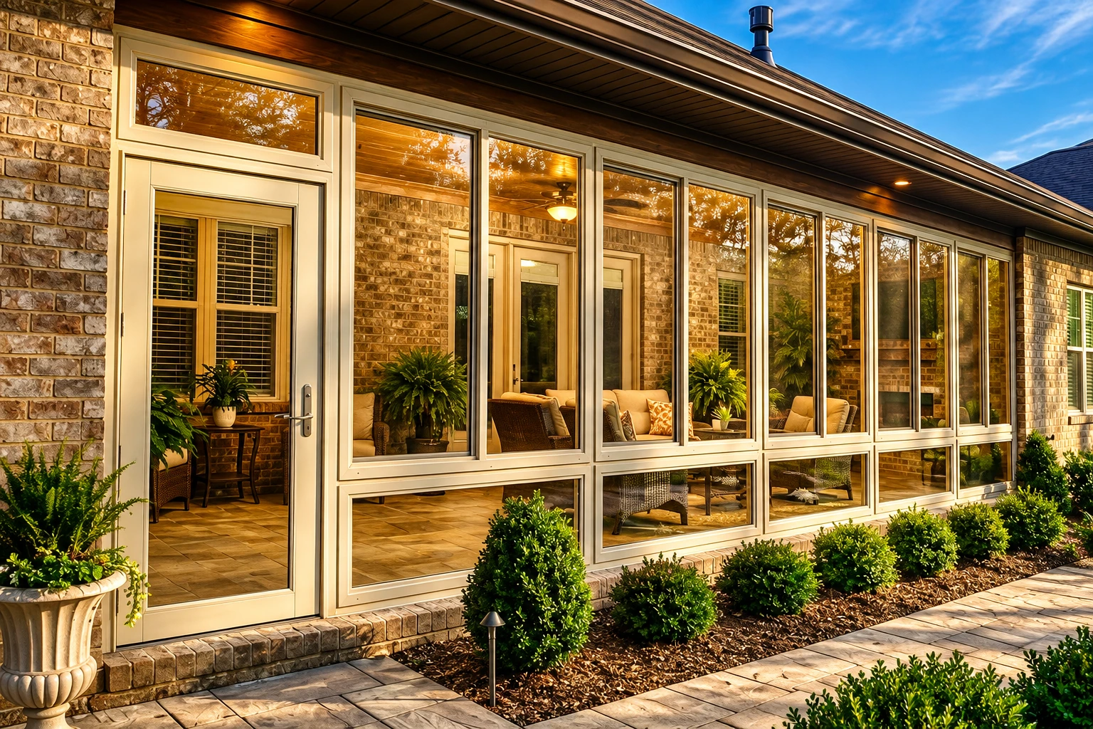 Enclosed patio room with cream-framed glass windows and door set into a brick house, bordered by shrubs and a stone walkway.