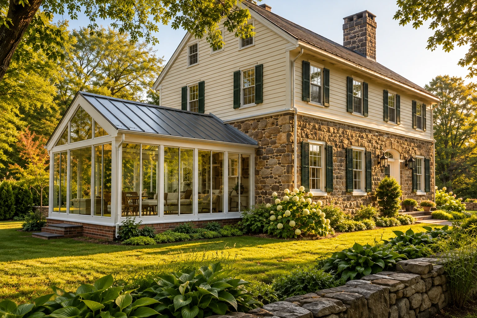 Four-season sunroom with a glass gable roof attached to a stone-and-siding house amid landscaped gardens.