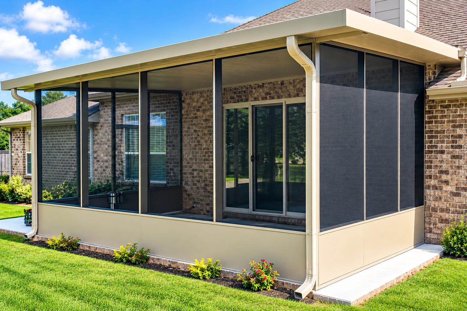 Screened patio enclosure beneath a solid cream cover, attached to a brick house with a lawn and flower beds.
