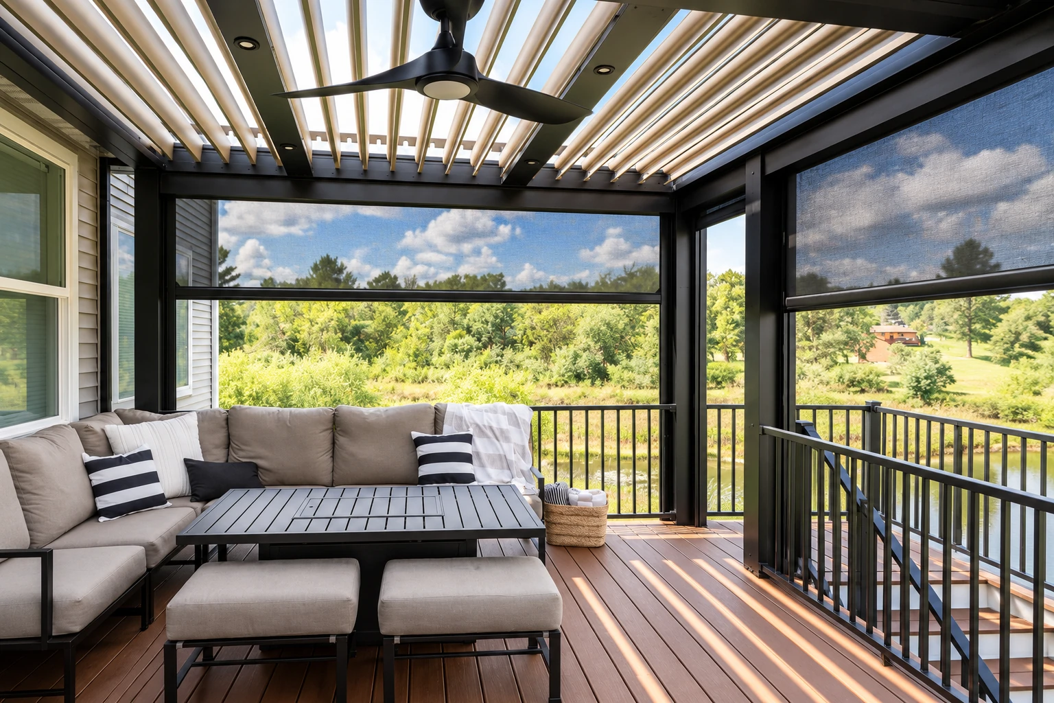 Covered patio with a slatted roof, ceiling fan, screened openings, and cushioned outdoor seating overlooking trees.