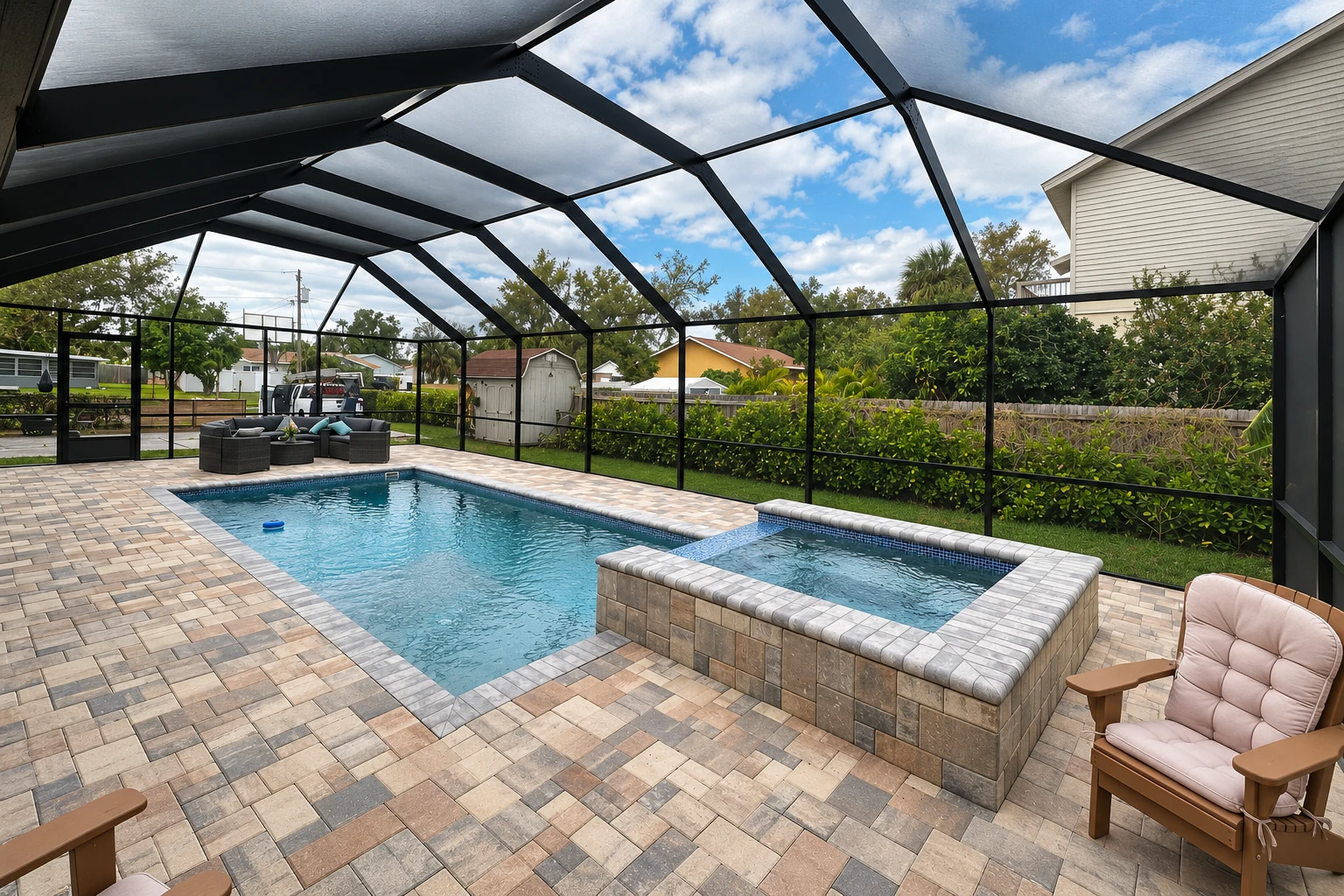 Screened patio enclosure with a black-framed roof surrounding a swimming pool and raised spa.