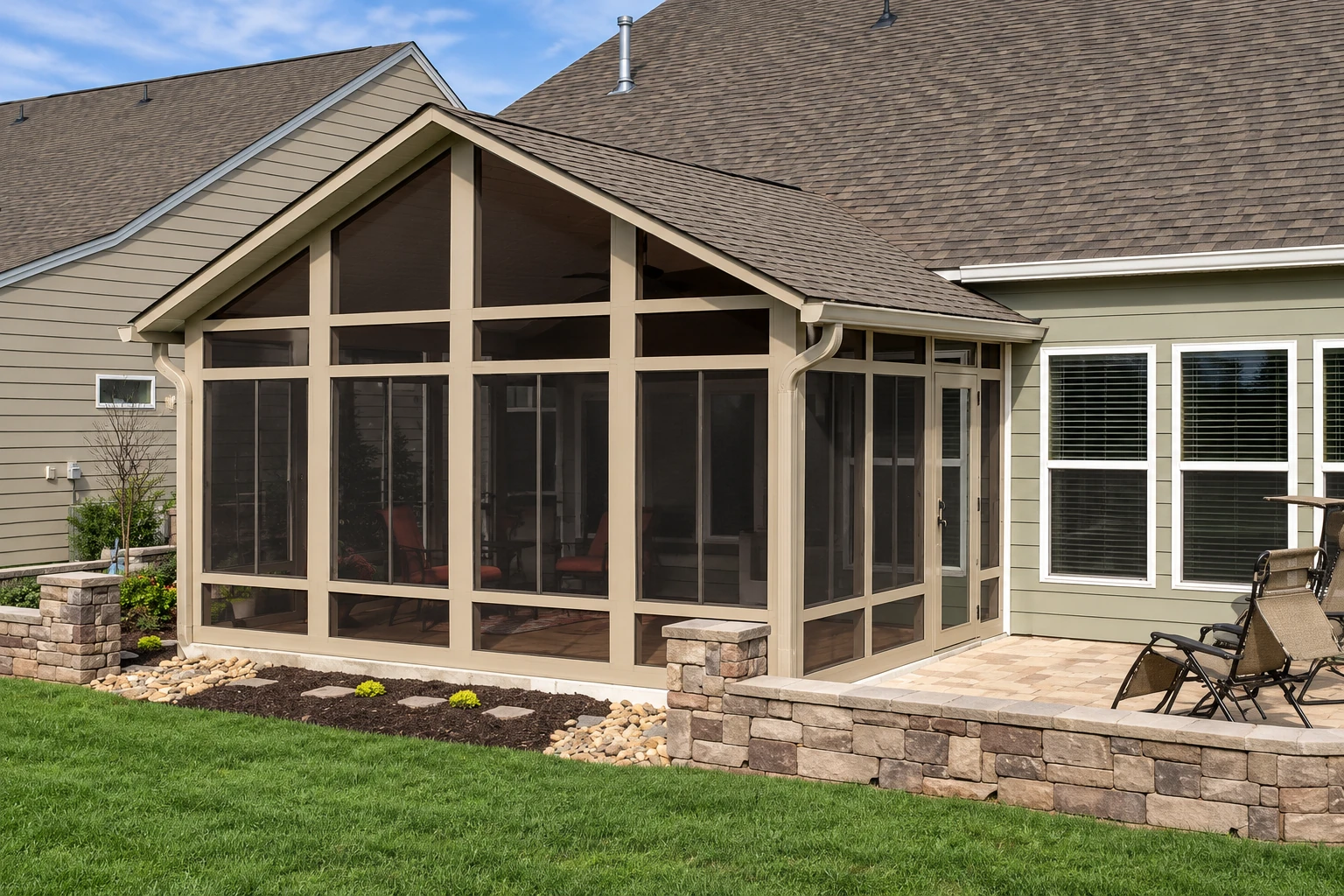 Tan-framed screen room with a peaked roof attached to a gray-sided house, beside a stone patio and lawn.