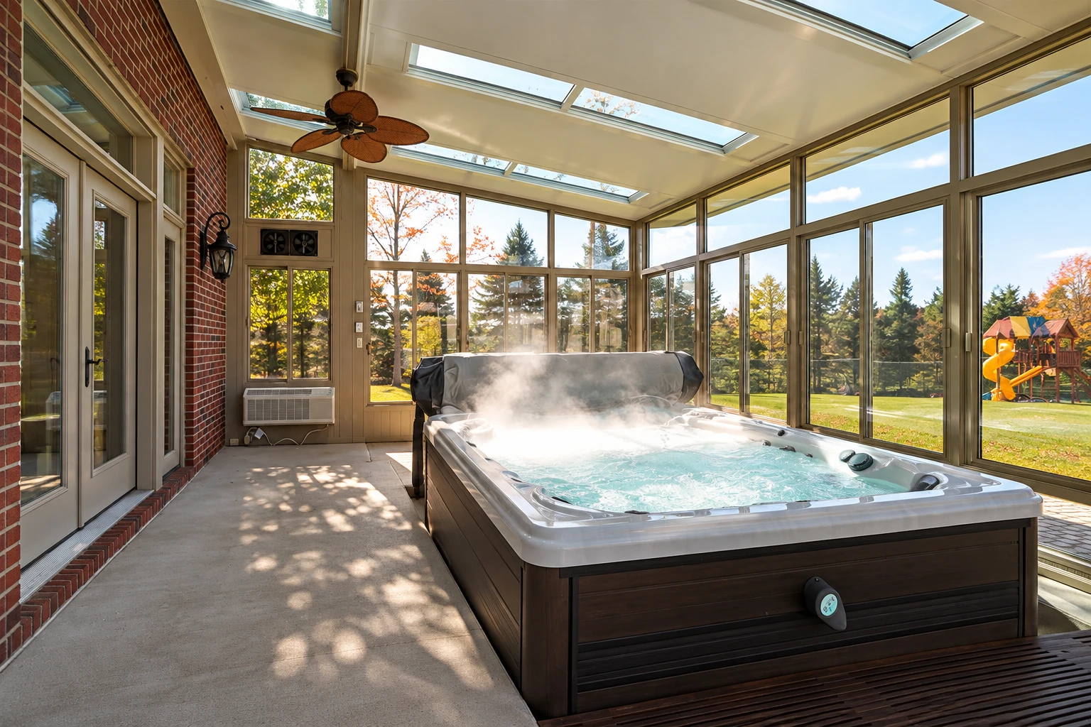 Glass solarium with skylights and tall windows surrounding a steaming hot tub.