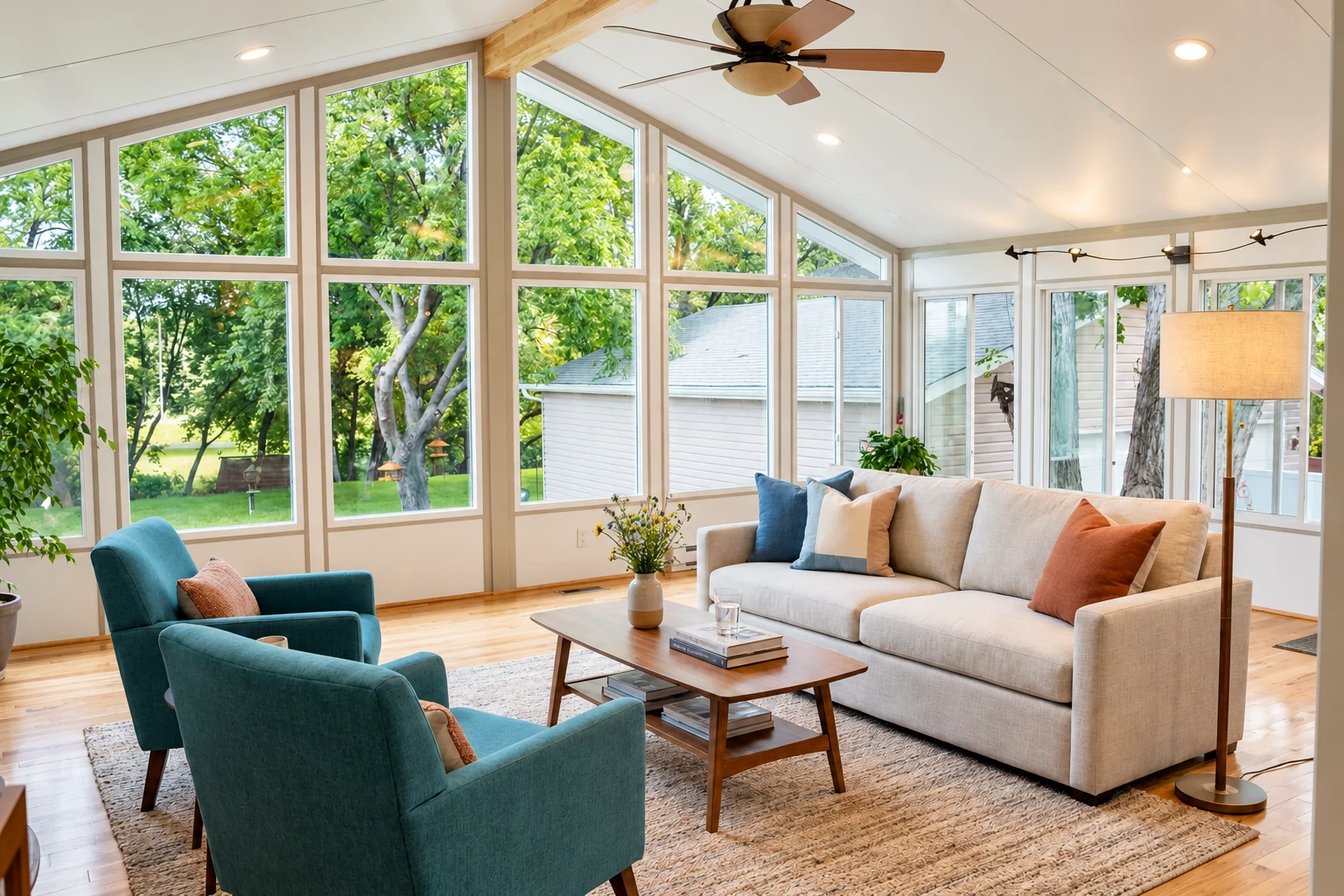 Bright sunroom addition with tall grid windows, a vaulted ceiling, and a seating area with a sofa and teal armchairs.