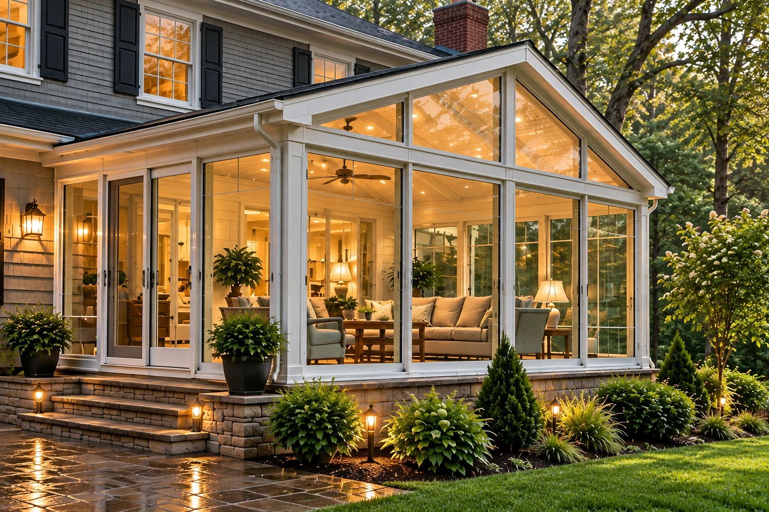 A white-framed glass sunroom addition glows at dusk, with a peaked roof, furnished interior, brick steps, and landscaped garden.