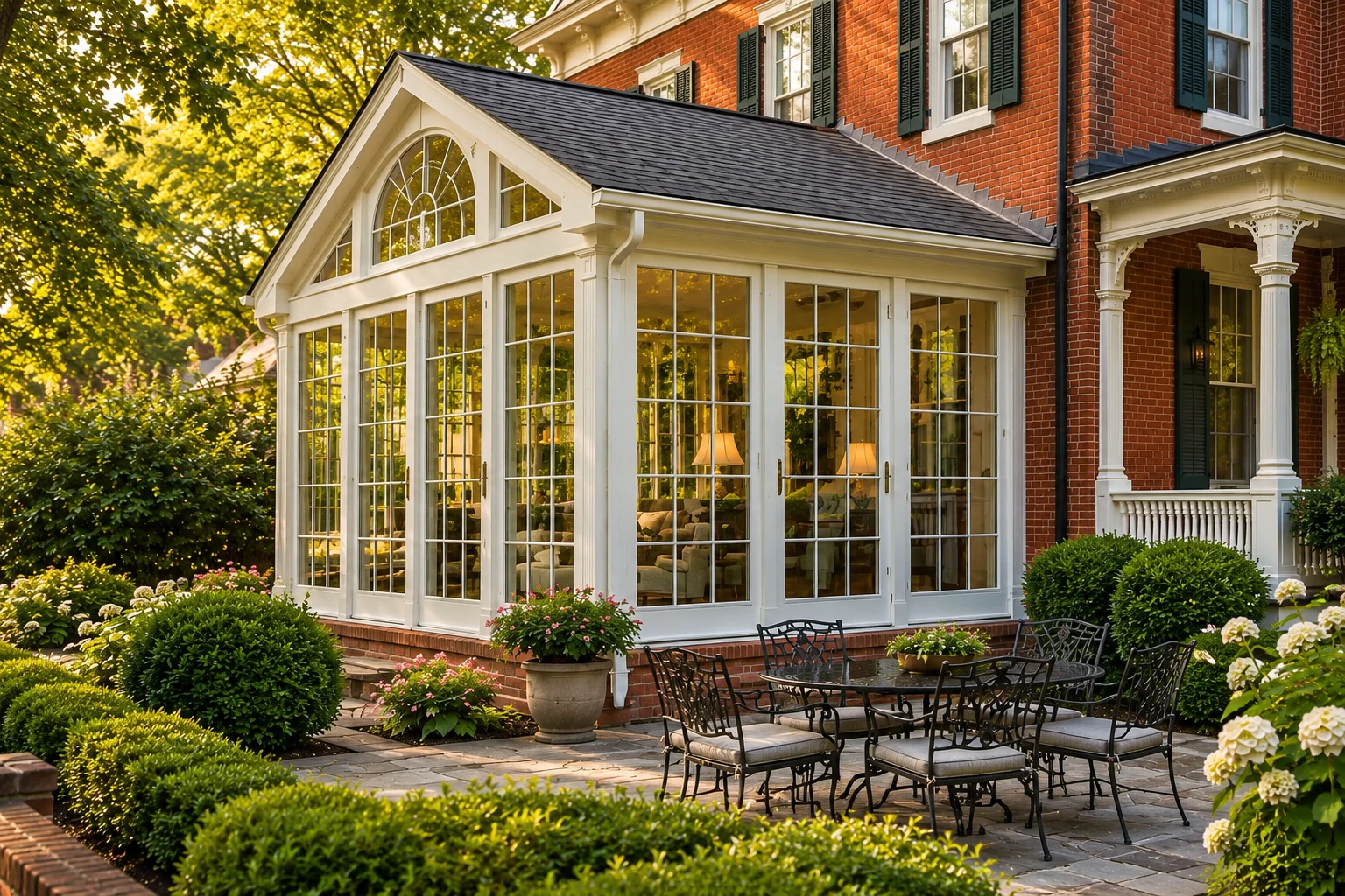 White sunroom addition with tall grid windows beside a red-brick house, overlooking a landscaped patio with outdoor dining furniture.