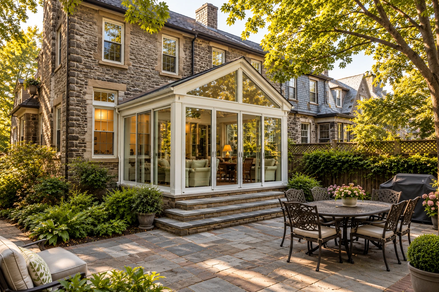 Stone house with a white-framed glass sunroom addition opening onto a paved patio with outdoor dining furniture.