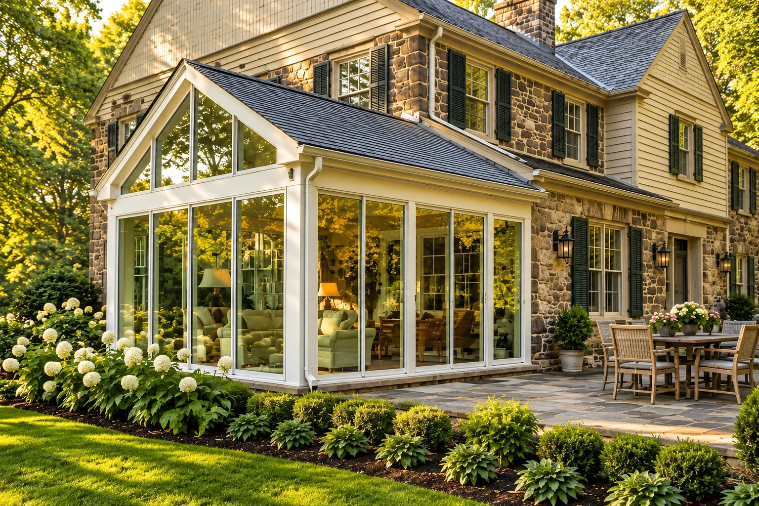 White-framed glass sunroom addition attached to a stone-and-siding house, beside a landscaped patio and garden.